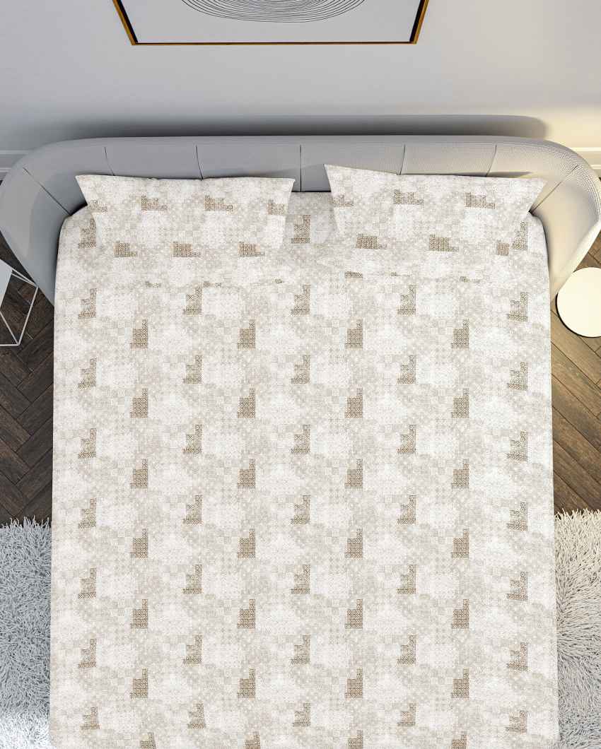 Plushthread Beige Cotton Combed Yarn Super King Bed Sheet With Pillow Covers | Pack of 3