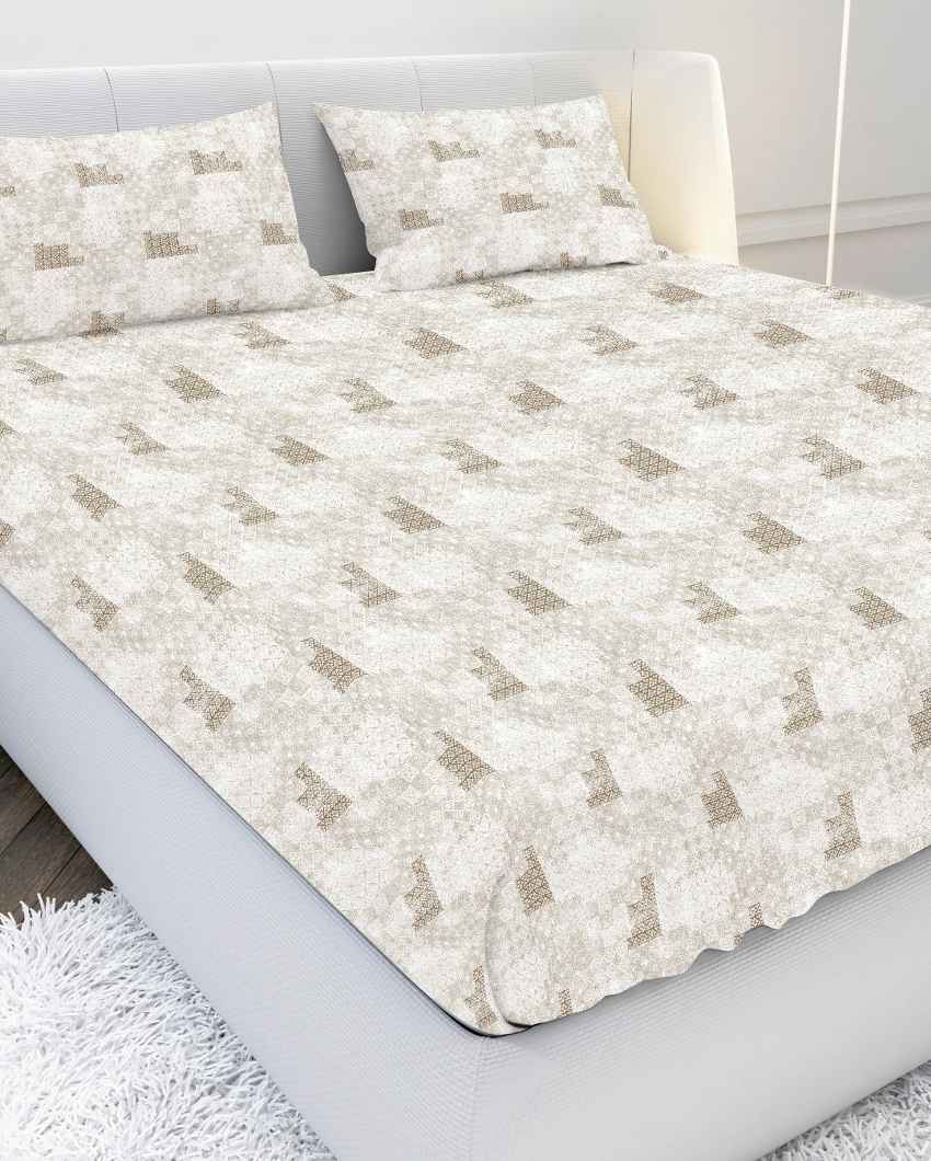 Plushthread Beige Cotton Combed Yarn Super King Bed Sheet With Pillow Covers | Pack of 3