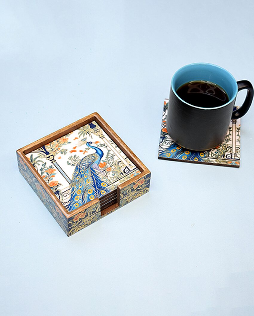 Indian Peacock Mdf Coasters with Holder | Set Of 12 Coasters with 2 Holders