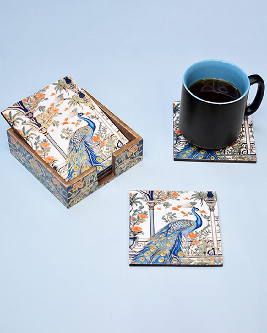 Indian Peacock Mdf Coasters with Holder | Set Of 12 Coasters with 2 Holders