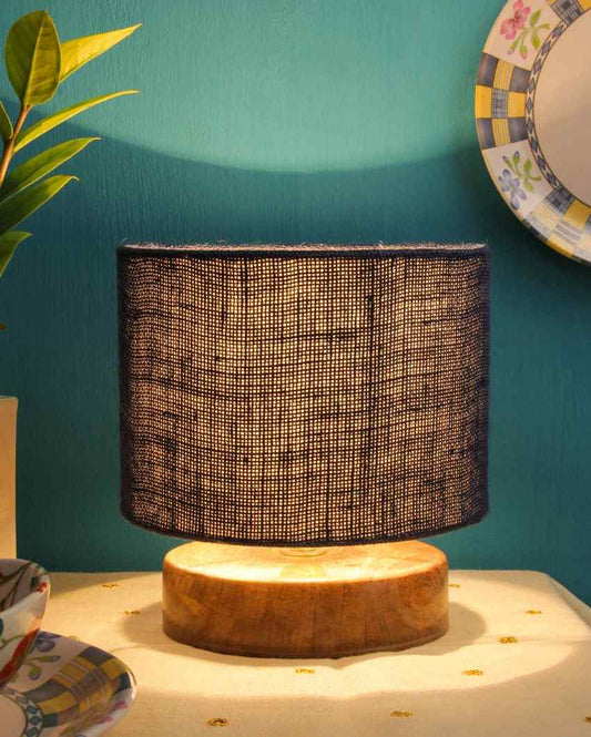Drum Designer Jute Shade Table Lamp With Wood Base Blue