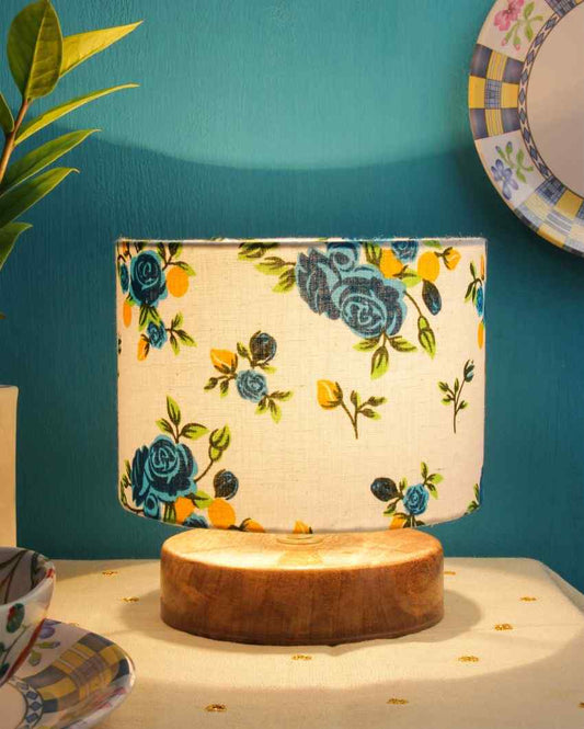 Drum Designer Rose Printed Cotton Shade Table Lamp With Wood Base