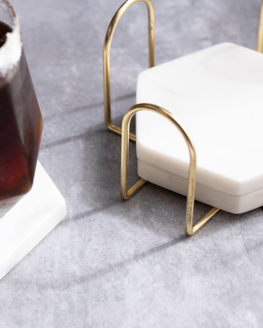 Artistic Inlay Marble Hexagon Coasters with Stand | Set of 5