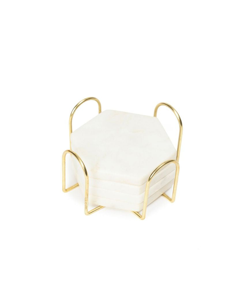 Artistic Inlay Marble Hexagon Coasters with Stand | Set of 5