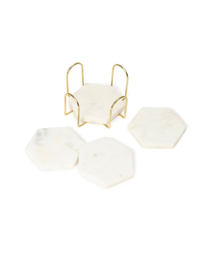 Artistic Inlay Marble Hexagon Coasters with Stand | Set of 5