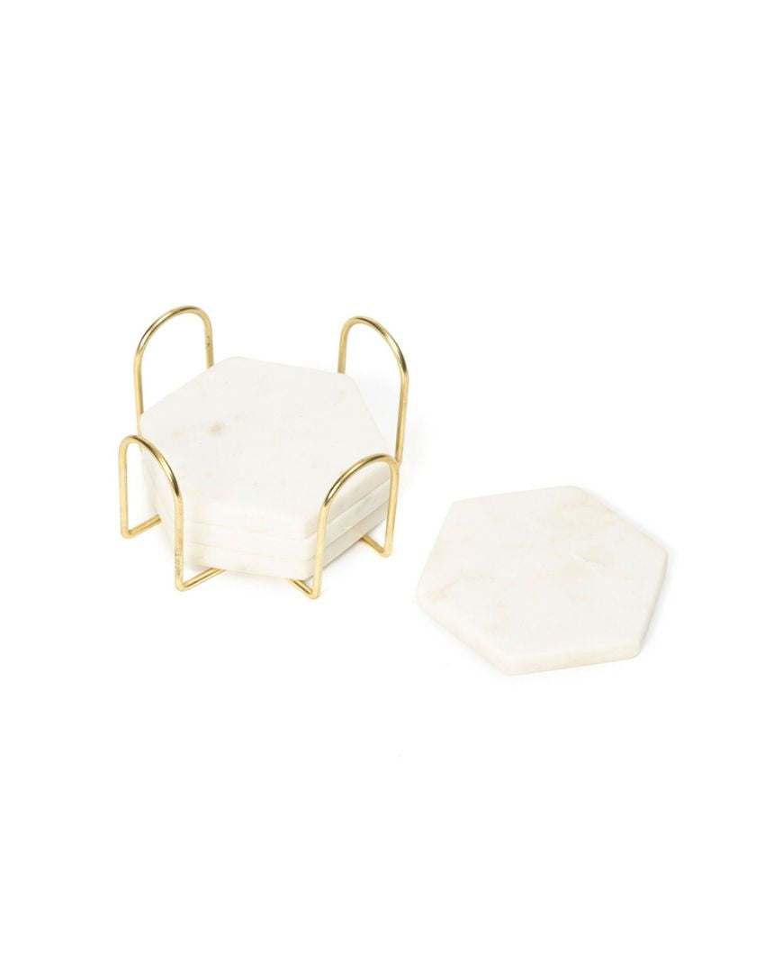 Artistic Inlay Marble Hexagon Coasters with Stand | Set of 5