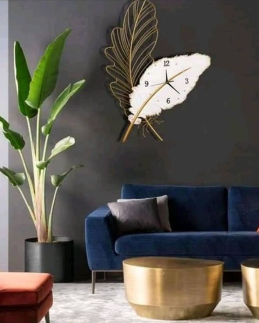 Artistic White Golden Leaf Wall Clock | 30 x 20 x 2 inches