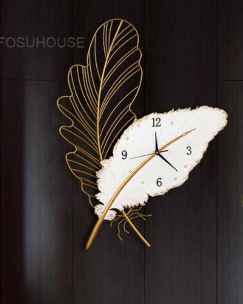 Artistic White Golden Leaf Wall Clock | 30 x 20 x 2 inches