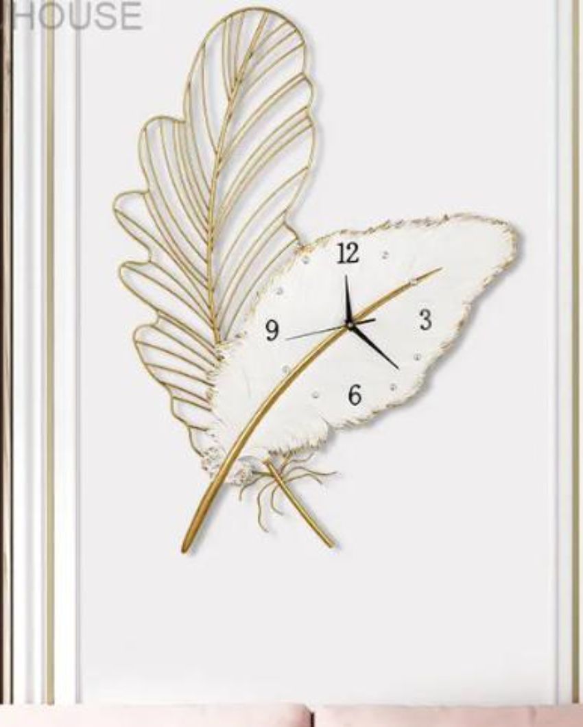 Artistic White Golden Leaf Wall Clock | 30 x 20 x 2 inches