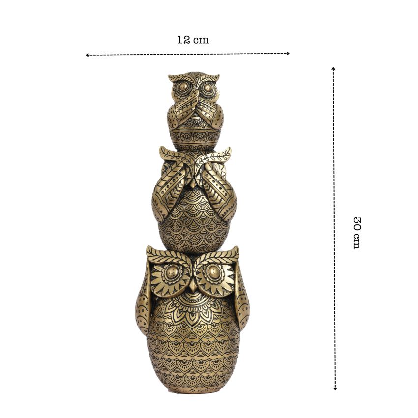 Wisdom Golden Ornate Three Wise Owls | Set of 3 | 12 x 5 inches