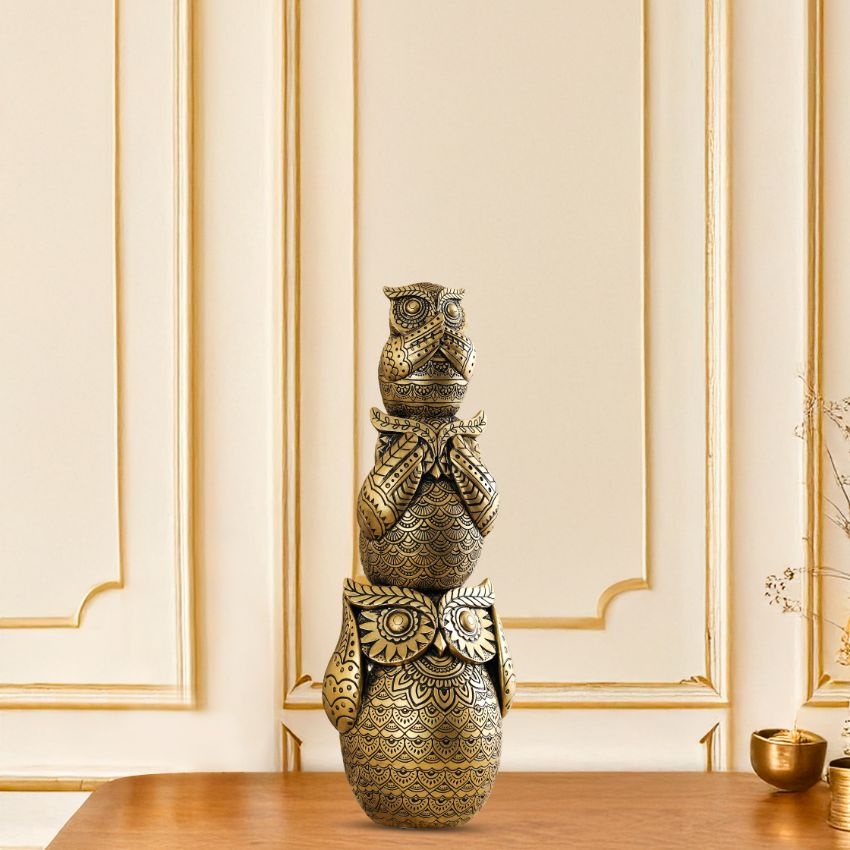 Wisdom Golden Ornate Three Wise Owls | Set of 3 | 12 x 5 inches