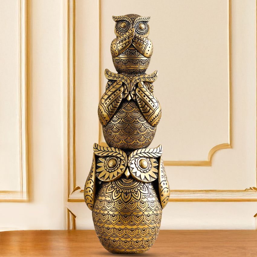 Wisdom Golden Ornate Three Wise Owls | Set of 3 | 12 x 5 inches