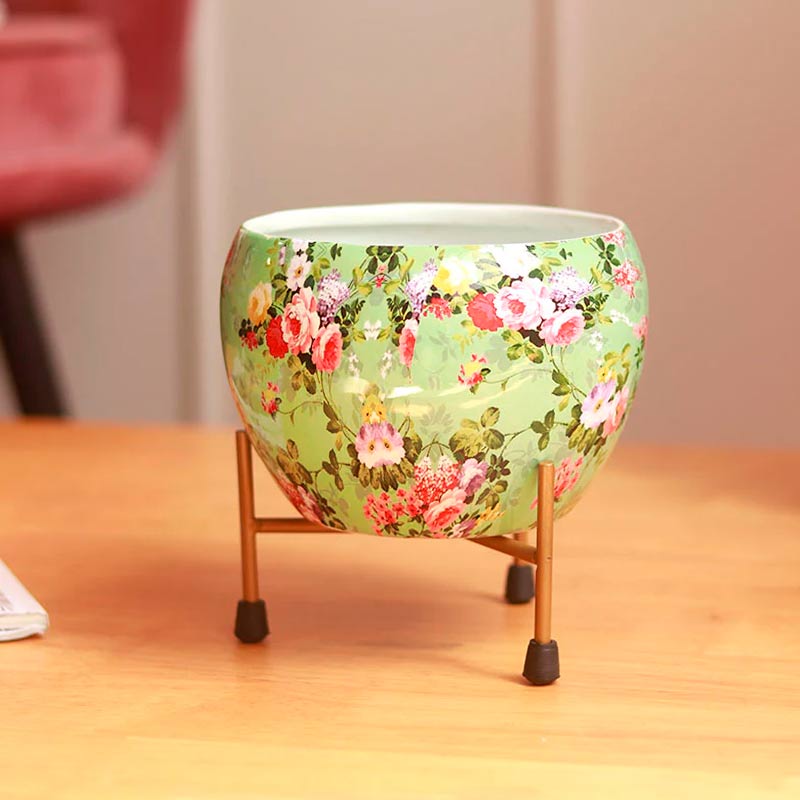 The Midori | Green Floral Metal Pot with Stand | Single & Set of 2 - Dusaan