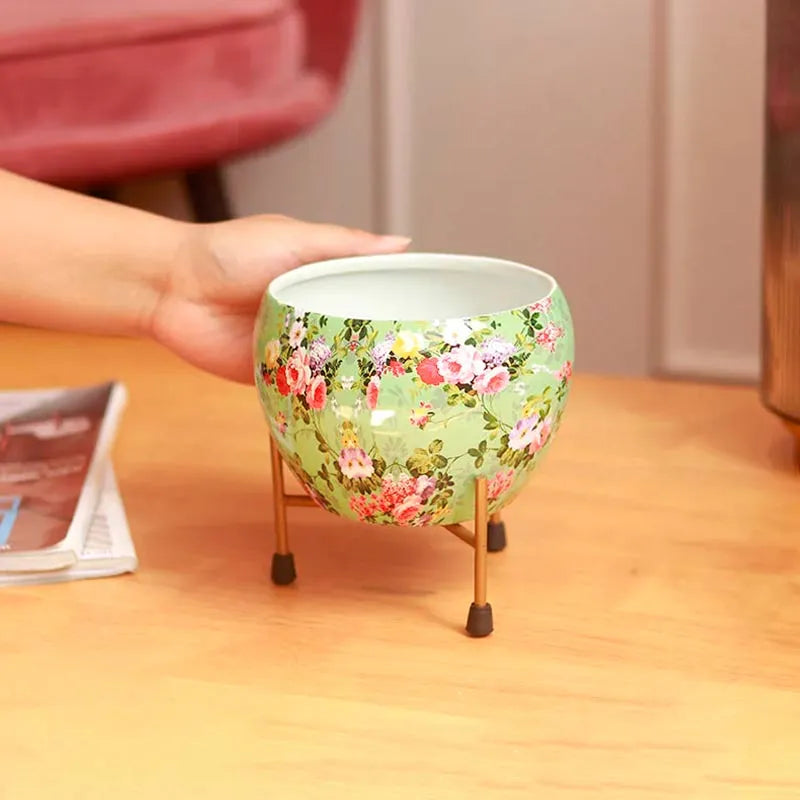 The Midori | Green Floral Metal Pot with Stand | Single & Set of 2 - Dusaan