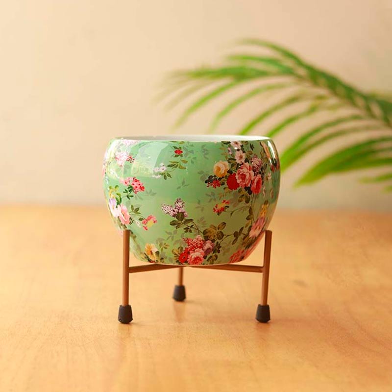The Midori | Green Floral Metal Pot with Stand | Single & Set of 2 - Dusaan