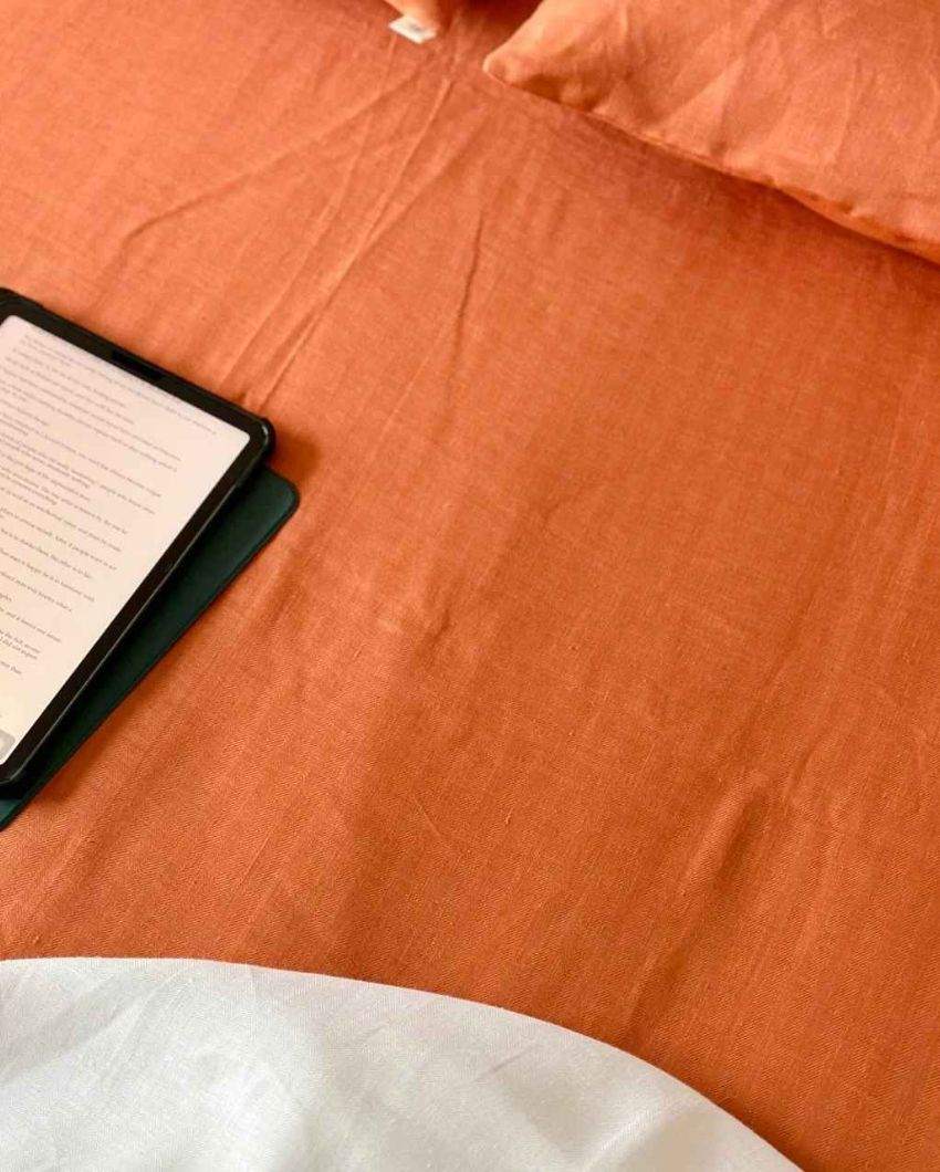 Herringbone Weave Sawera Rust Orange Hemp Bedsheet Set | 120 x 112 inches