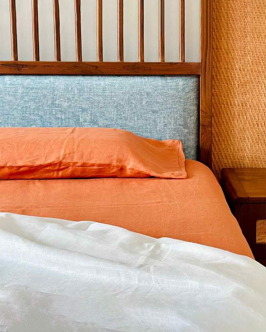 Herringbone Weave Sawera Rust Orange Hemp Bedsheet Set | 120 x 112 inches