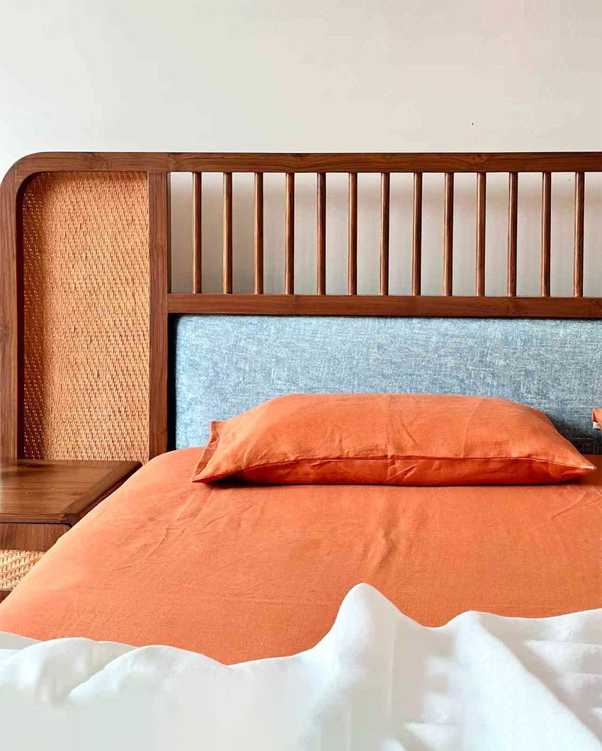 Herringbone Weave Sawera Rust Orange Hemp Bedsheet Set | 120 x 112 inches