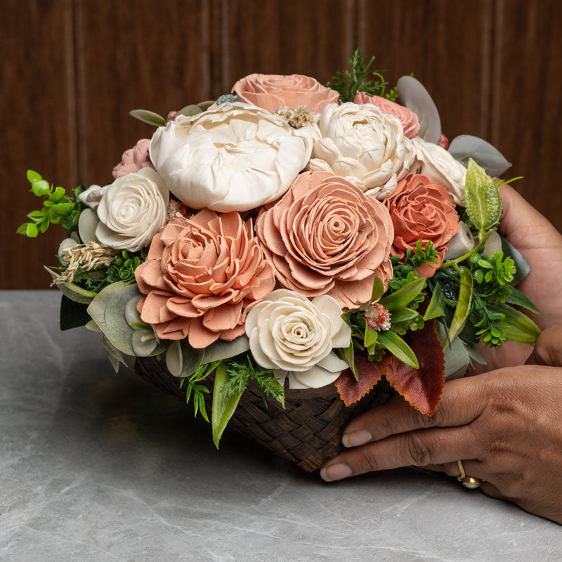 Peach Beauty Solawood Flower Arrangement In Brown Bamboo Basket - Dusaan