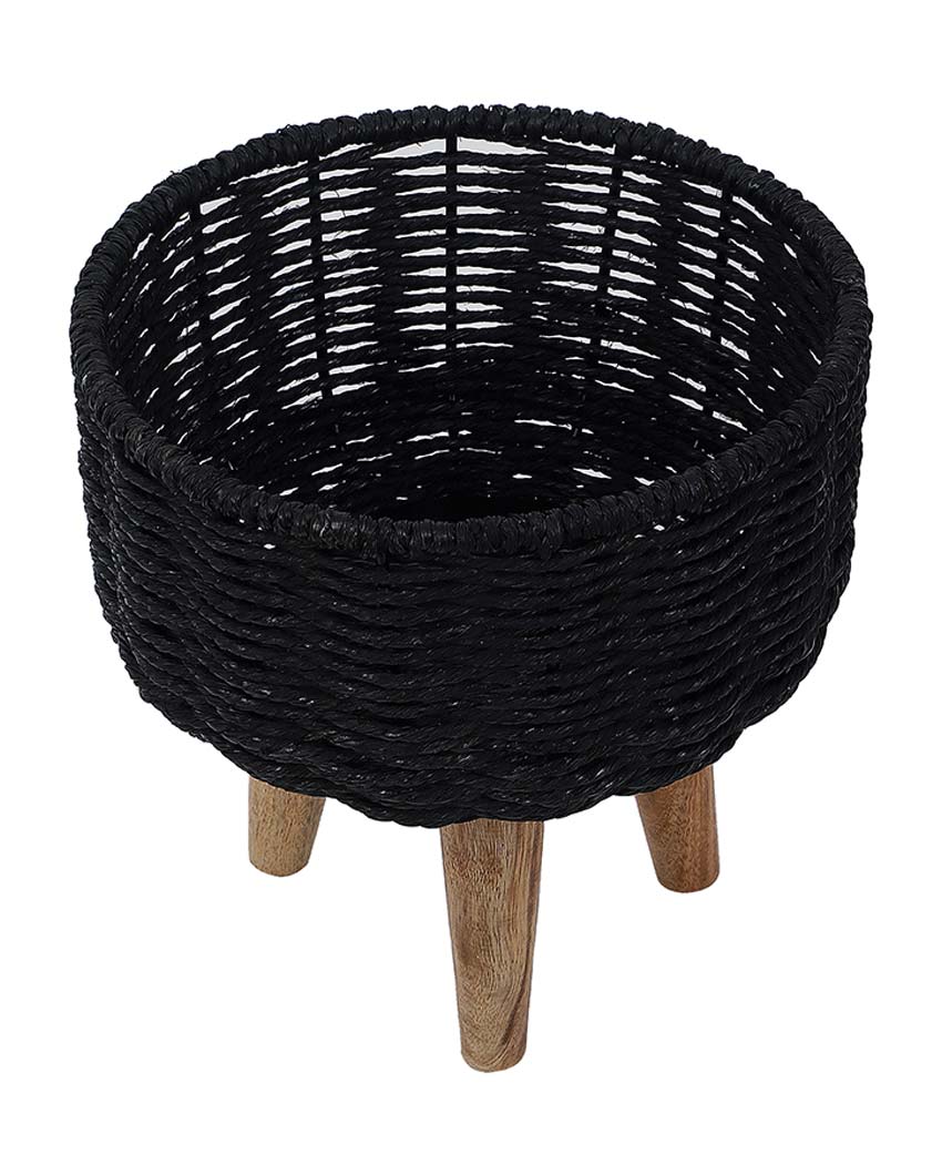 Jute and Metal Black Planters with Wooden Legs | Set Of 3