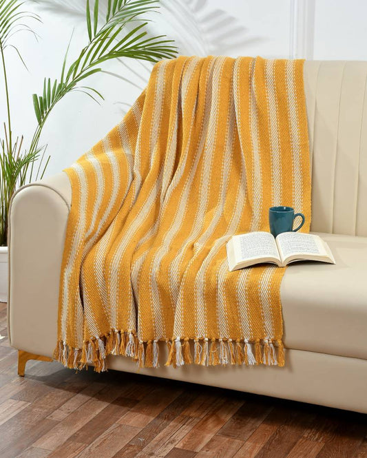 Yellow Striped Cotton Sofa Throw | 63 x 51 inches