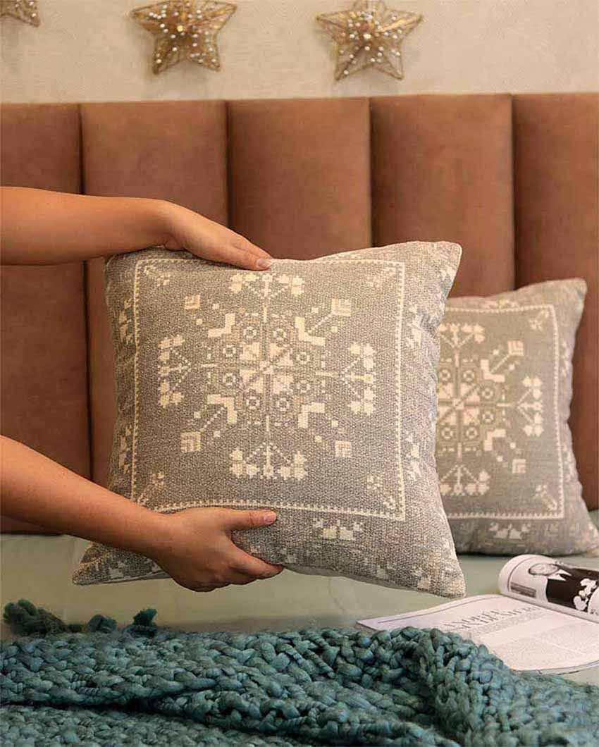 Snow Flask Design Printed Cushion Covers | Set of 2 | 16 X 16 Inches