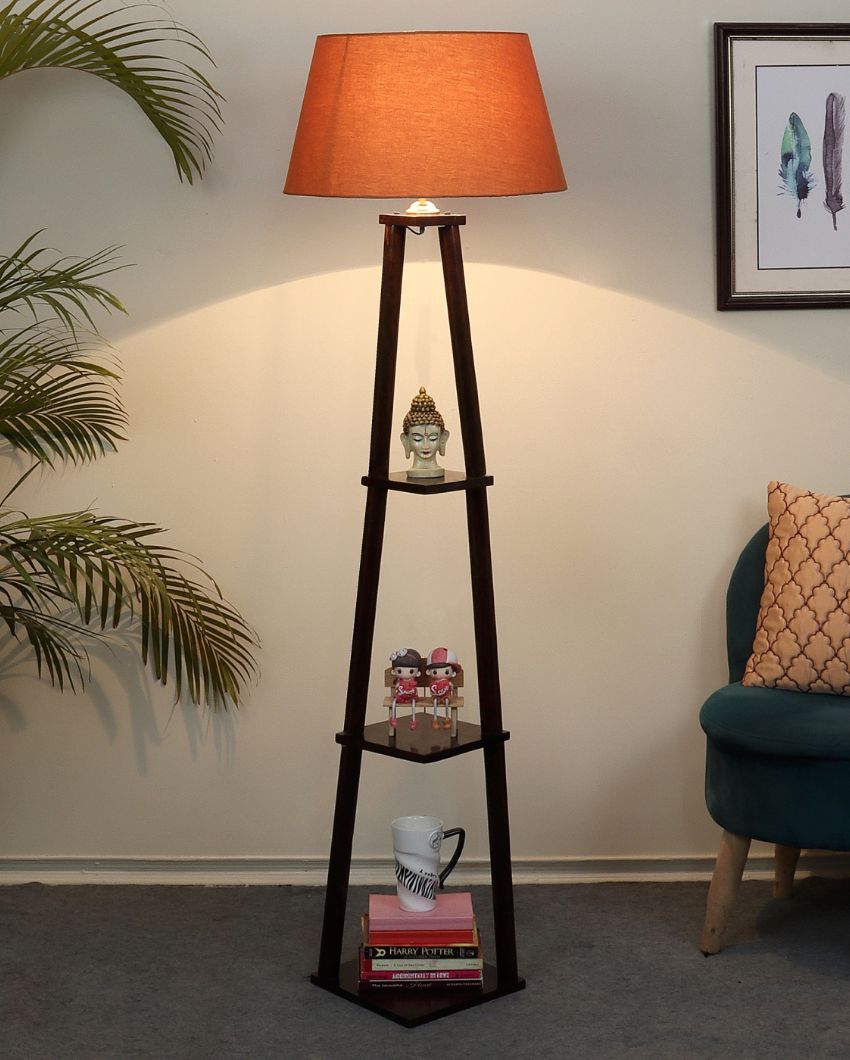 Three Tier Shelf Mango Wood Base Floor Lamp with Cotton Shade | Bulb Not Included | 14 x 14 x 60 inches