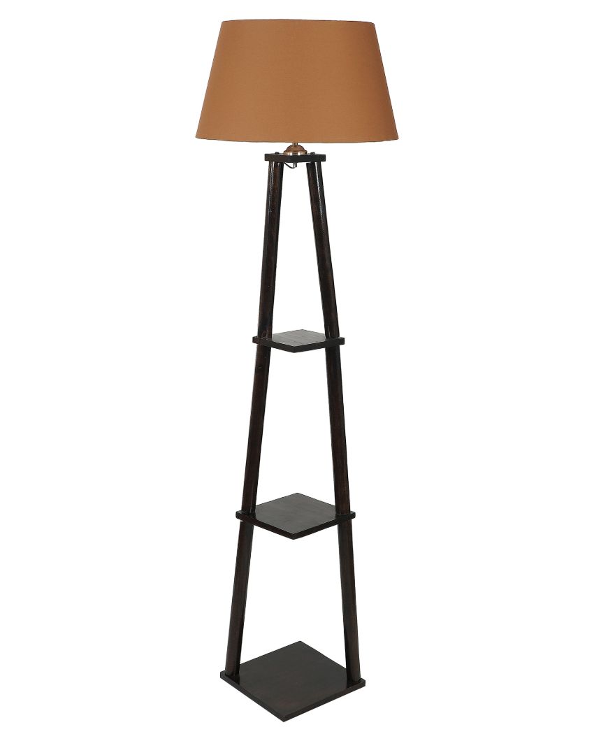 Three Tier Shelf Mango Wood Base Floor Lamp with Cotton Shade | Bulb Not Included | 14 x 14 x 60 inches
