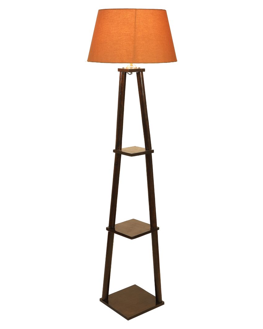 Three Tier Shelf Mango Wood Base Floor Lamp with Cotton Shade | Bulb Not Included | 14 x 14 x 60 inches