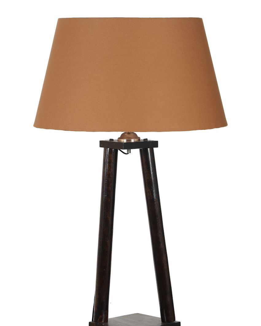 Three Tier Shelf Mango Wood Base Floor Lamp with Cotton Shade | Bulb Not Included | 14 x 14 x 60 inches