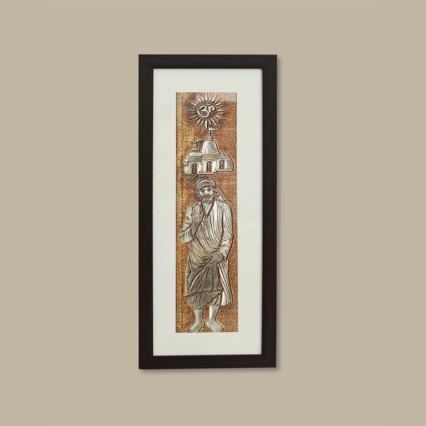 Sai Baba & Temple Wall Painting Perfect With Brown Frame | 10 x 23 inches