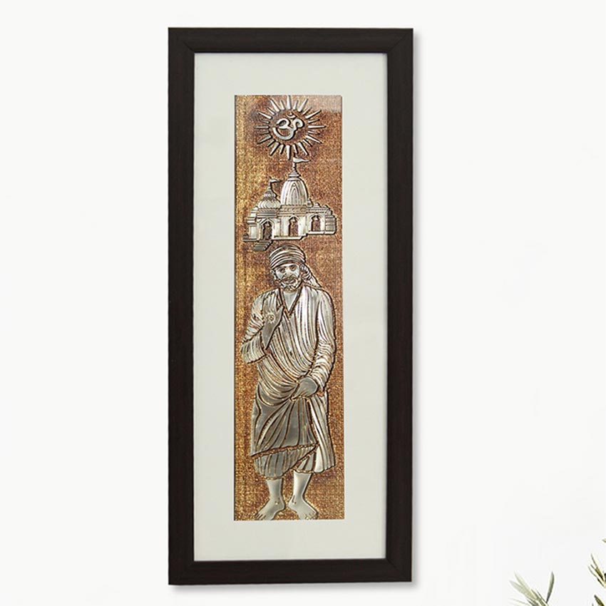 Sai Baba & Temple Wall Painting Perfect With Brown Frame | 10 x 23 inches