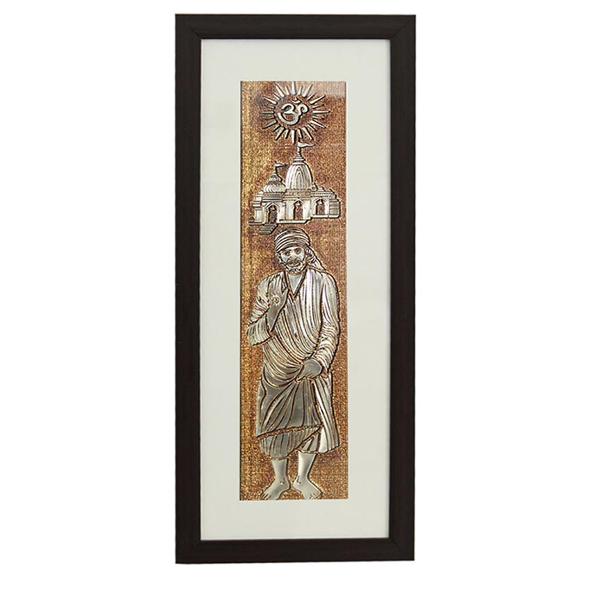 Sai Baba & Temple Wall Painting Perfect With Brown Frame | 10 x 23 inches