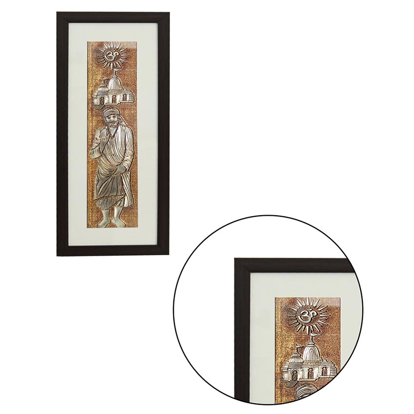 Sai Baba & Temple Wall Painting Perfect With Brown Frame | 10 x 23 inches