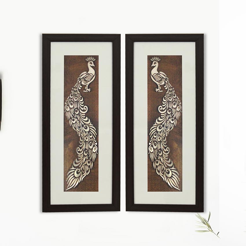 Aesthetic & Beautiful Peacock Feather Wall Painting With Brown Frame | Pack of 2 | 10 x 23 inches
