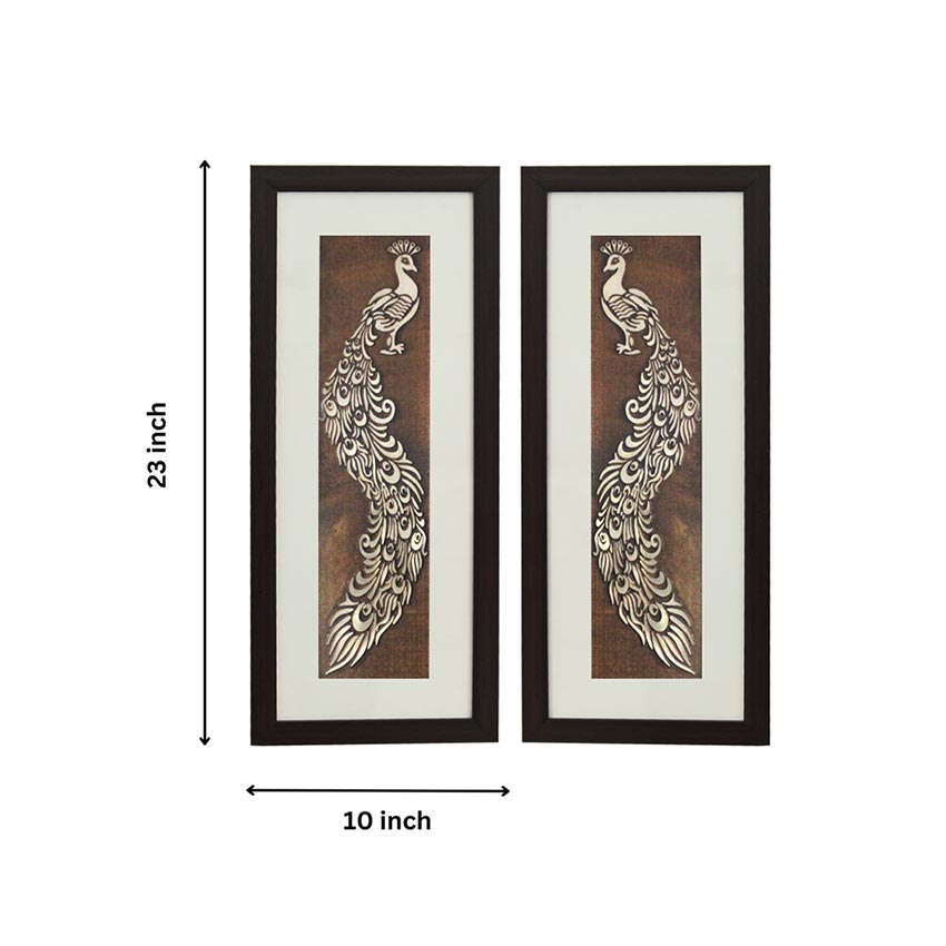 Aesthetic & Beautiful Peacock Feather Wall Painting With Brown Frame | Pack of 2 | 10 x 23 inches