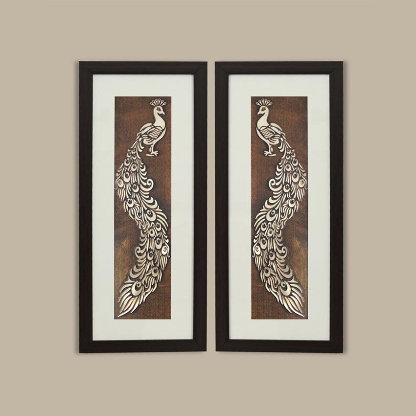 Aesthetic & Beautiful Peacock Feather Wall Painting With Brown Frame | Pack of 2 | 10 x 23 inches
