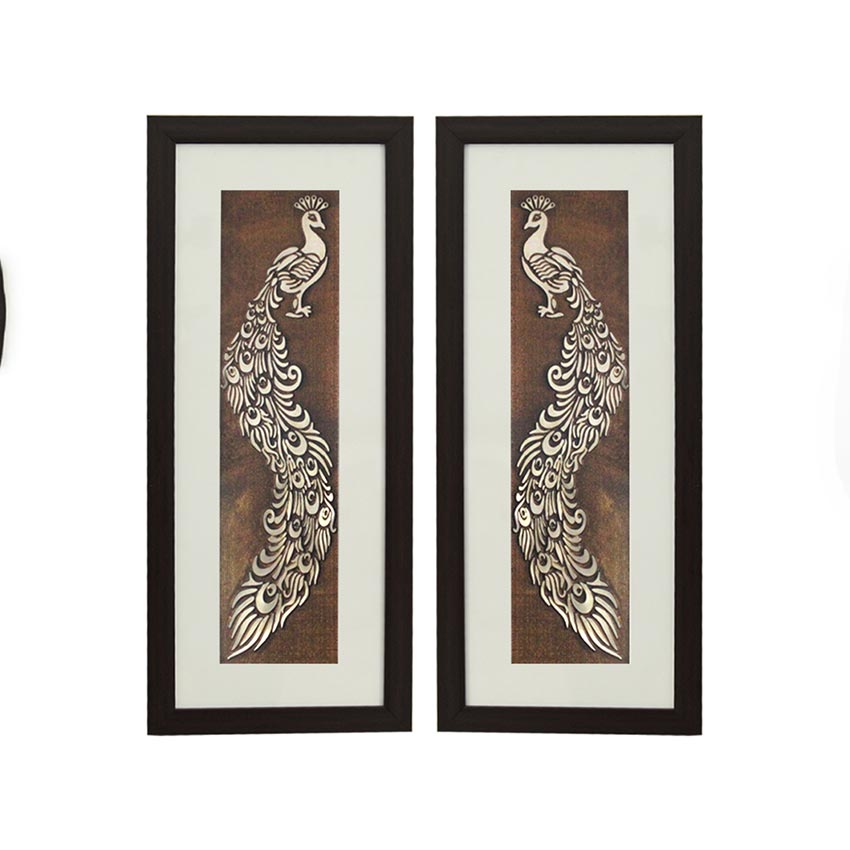 Aesthetic & Beautiful Peacock Feather Wall Painting With Brown Frame | Pack of 2 | 10 x 23 inches