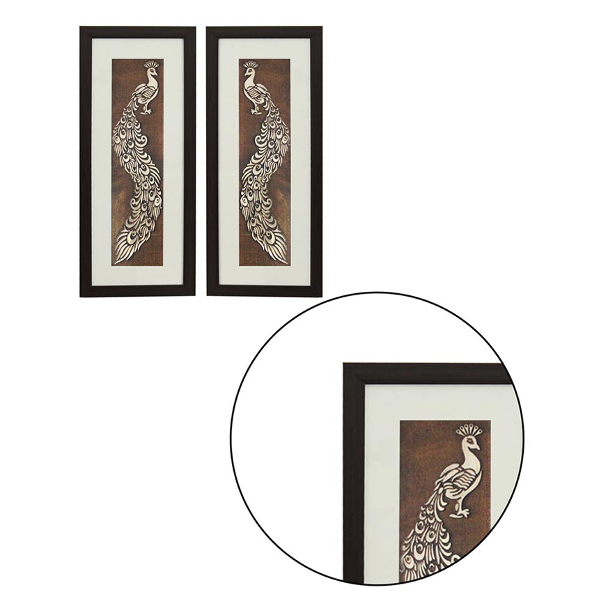 Aesthetic & Beautiful Peacock Feather Wall Painting With Brown Frame | Pack of 2 | 10 x 23 inches
