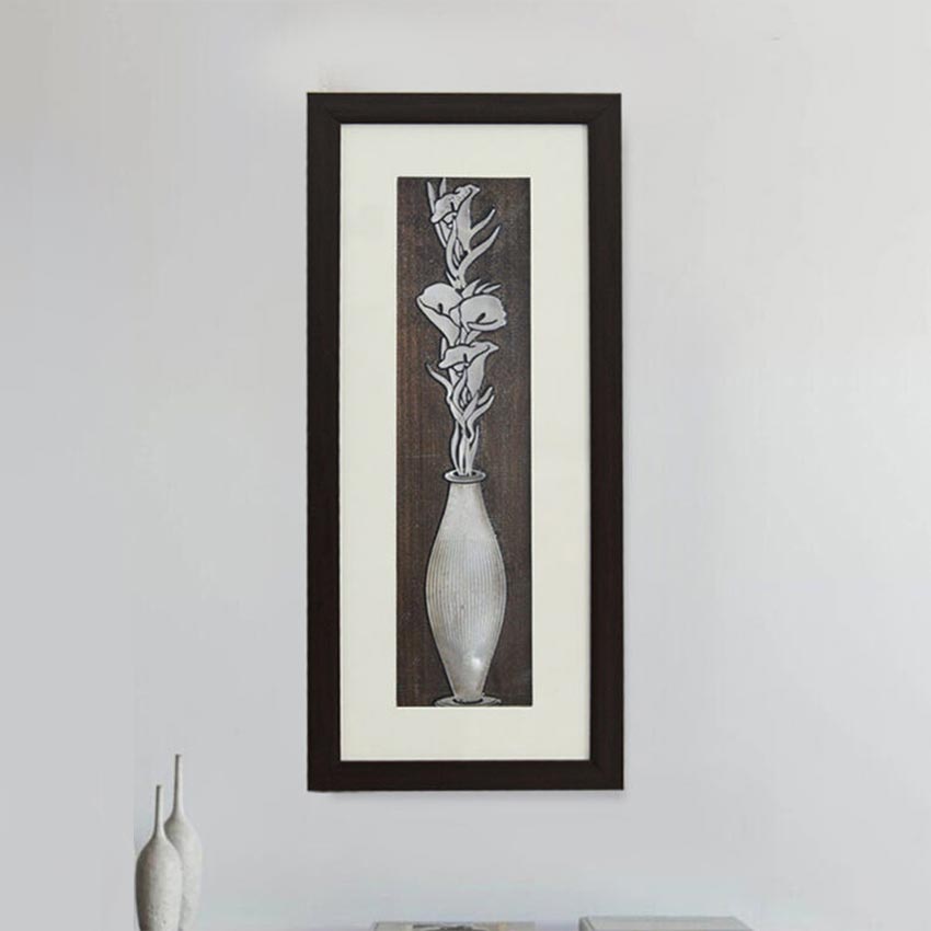 Classic Lily Bouquet Flower Wall Painting With Brown Frame | 10 x 23 inches