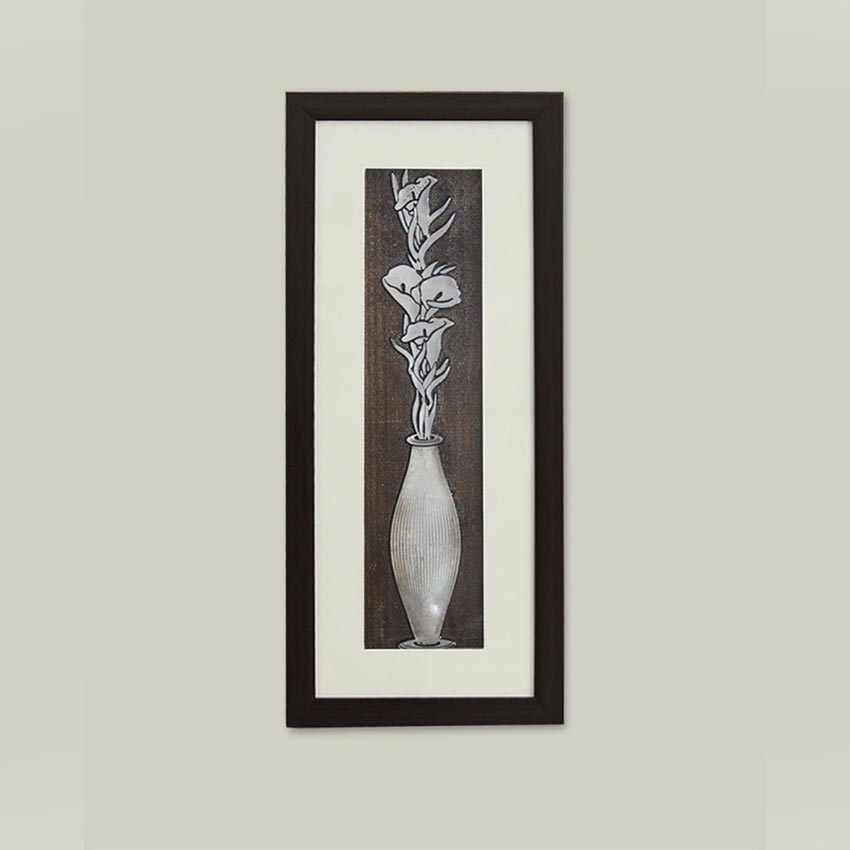 Classic Lily Bouquet Flower Wall Painting With Brown Frame | 10 x 23 inches