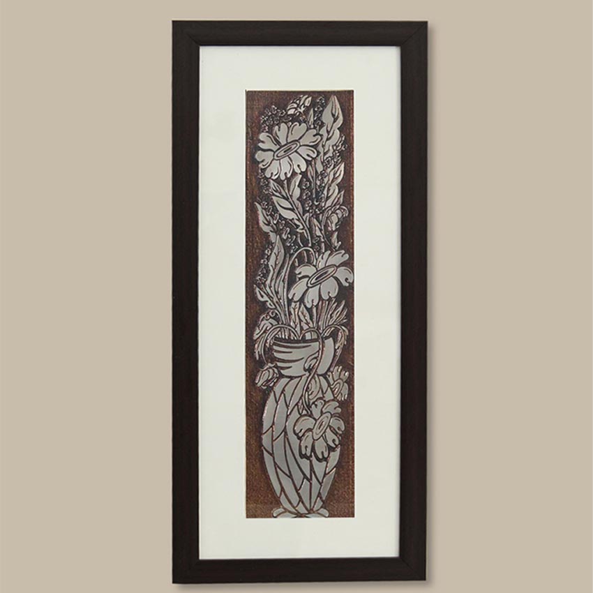 Designer Cosmos Flower Wall Painting With Brown Frame | 10 x 23 inches