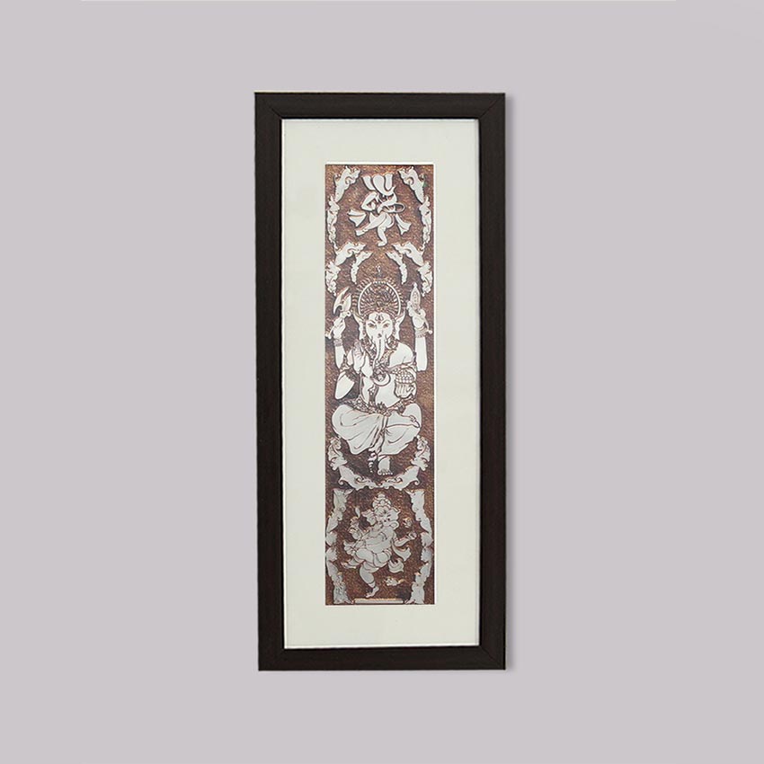 Divine Lord Ganesh Wall Painting With Brown Frame | 10 x 23 inches