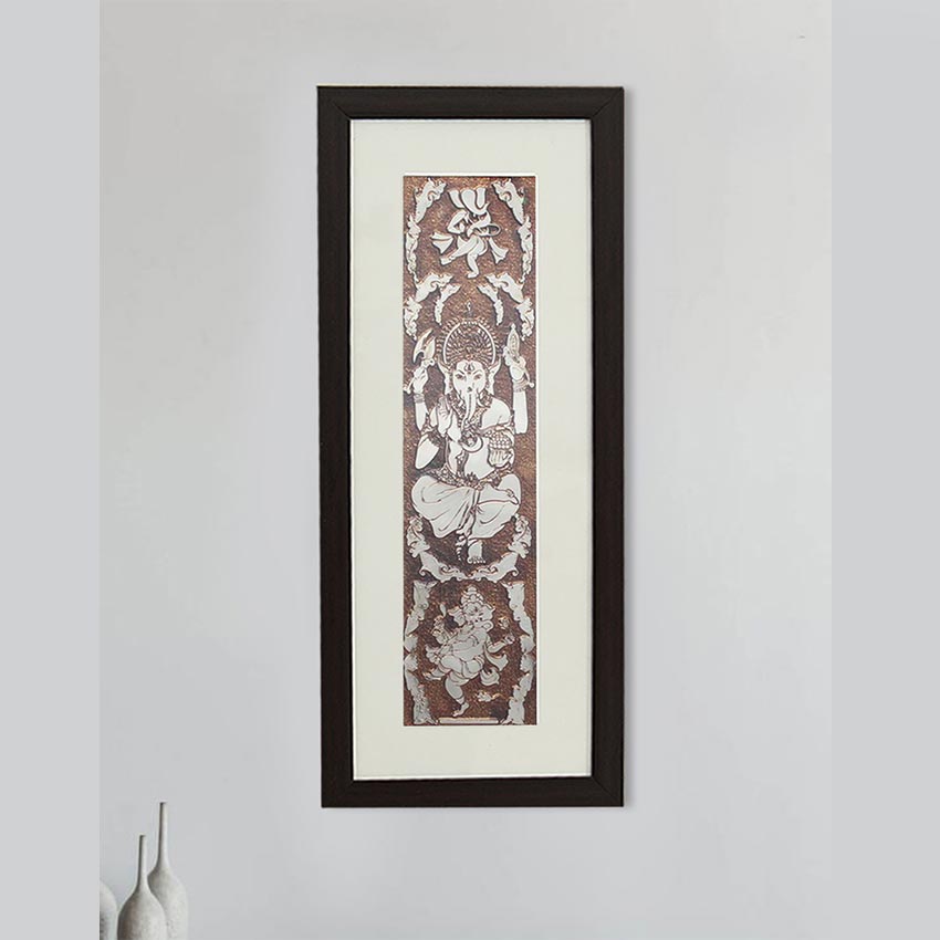 Divine Lord Ganesh Wall Painting With Brown Frame | 10 x 23 inches
