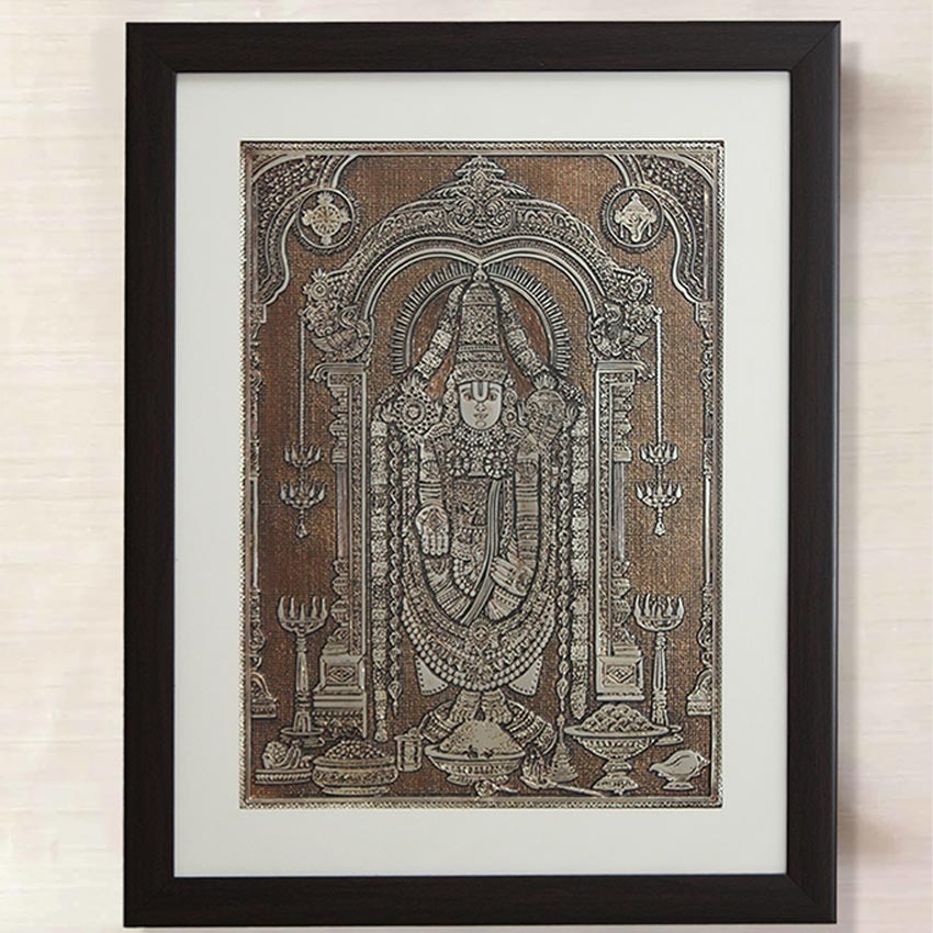 Lord Venkateswara Tirupati Balaji Wall Painting With Brown Frame | 15 x 19 inches