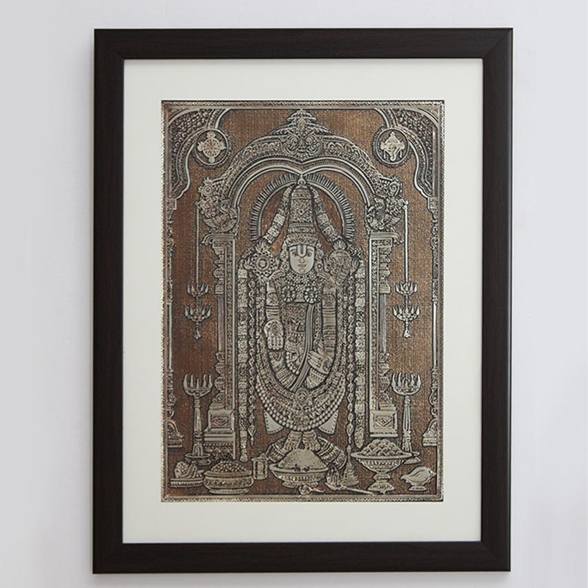 Lord Venkateswara Tirupati Balaji Wall Painting With Brown Frame | 15 x 19 inches