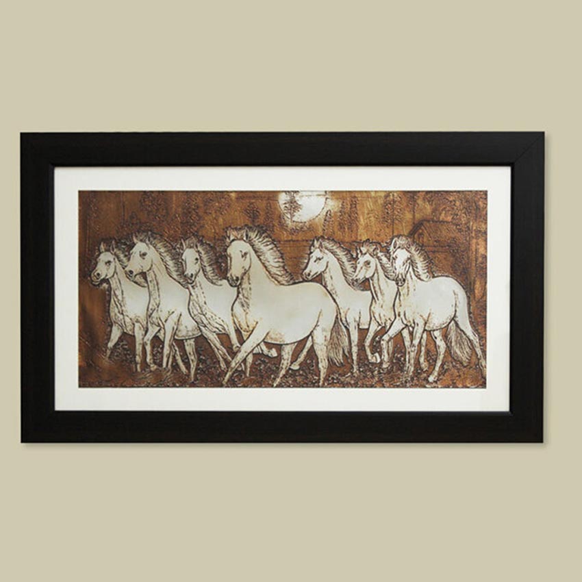 Seven Horses Running Wall Painting With Brown Frame | 28 x 16 inches