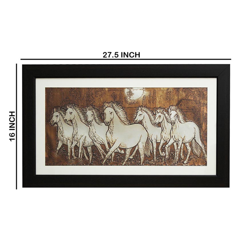 Seven Horses Running Wall Painting With Brown Frame | 28 x 16 inches