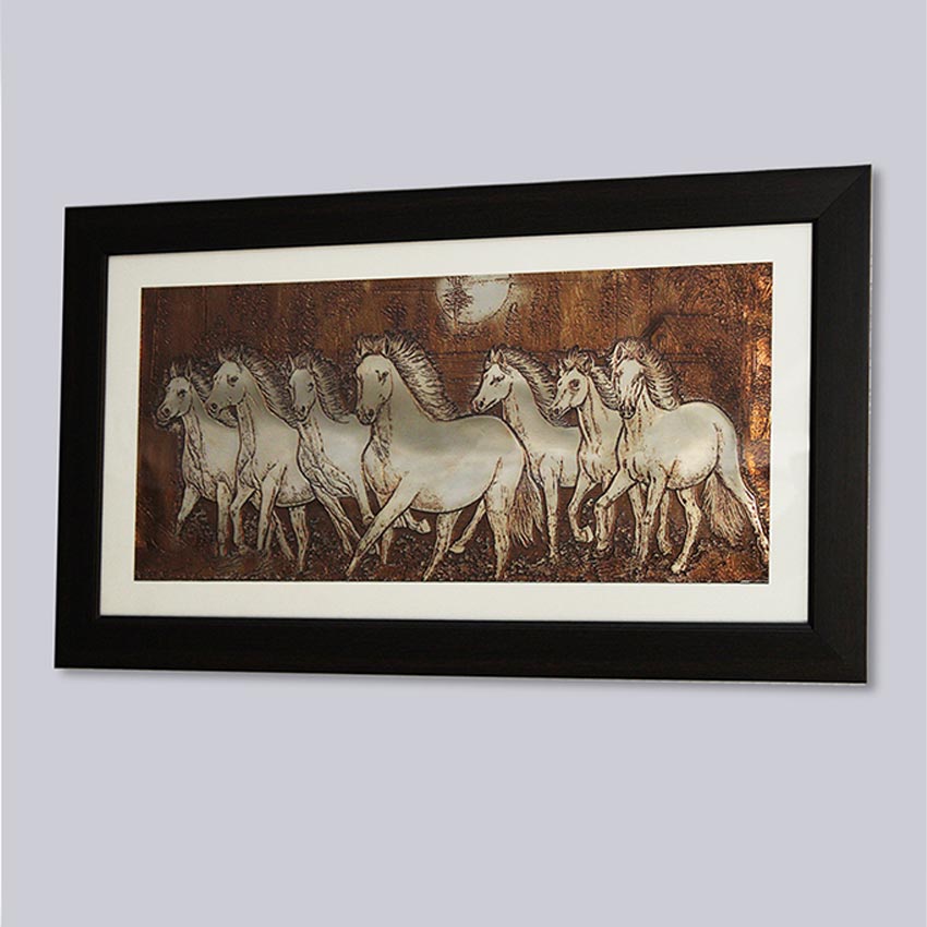 Seven Horses Running Wall Painting With Brown Frame | 28 x 16 inches