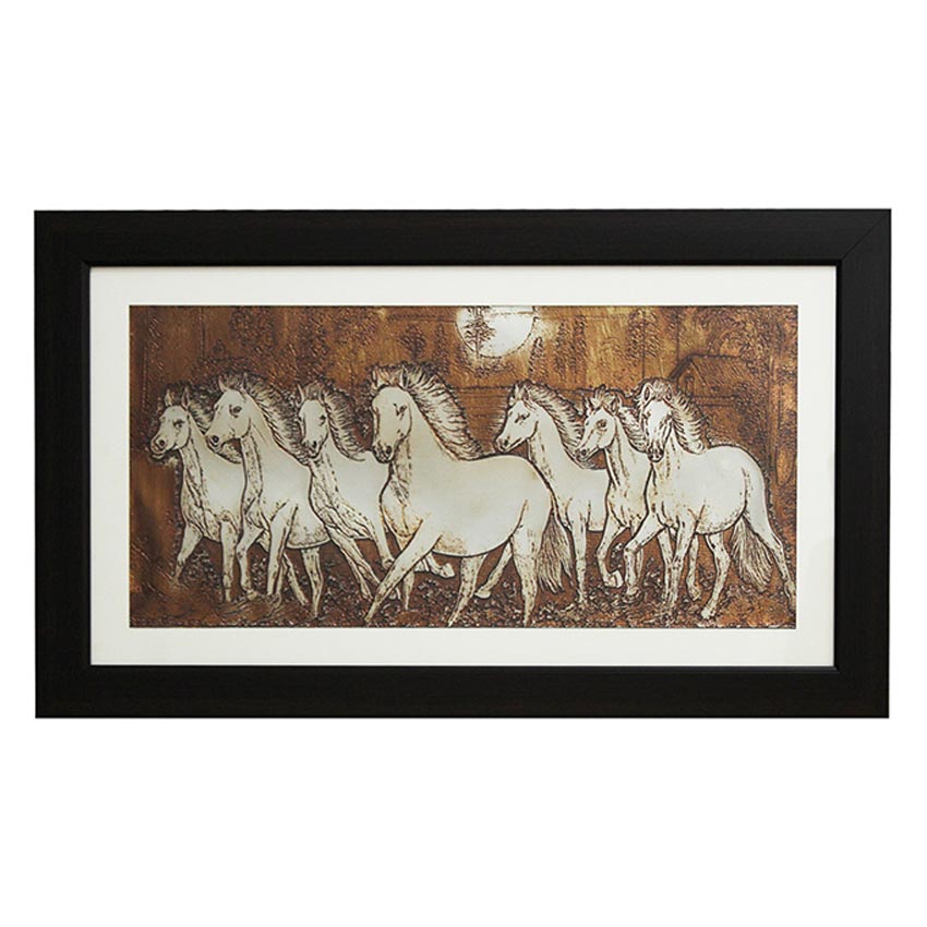 Seven Horses Running Wall Painting With Brown Frame | 28 x 16 inches